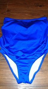 Blue one piece bathing suit.